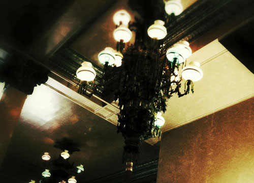 ornate chandelier with colored lights