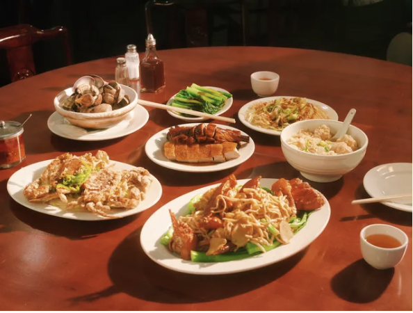many Chinese dishes on a restaurant table