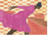 An illustration of LaDeva Davis cooking in her kitchen.