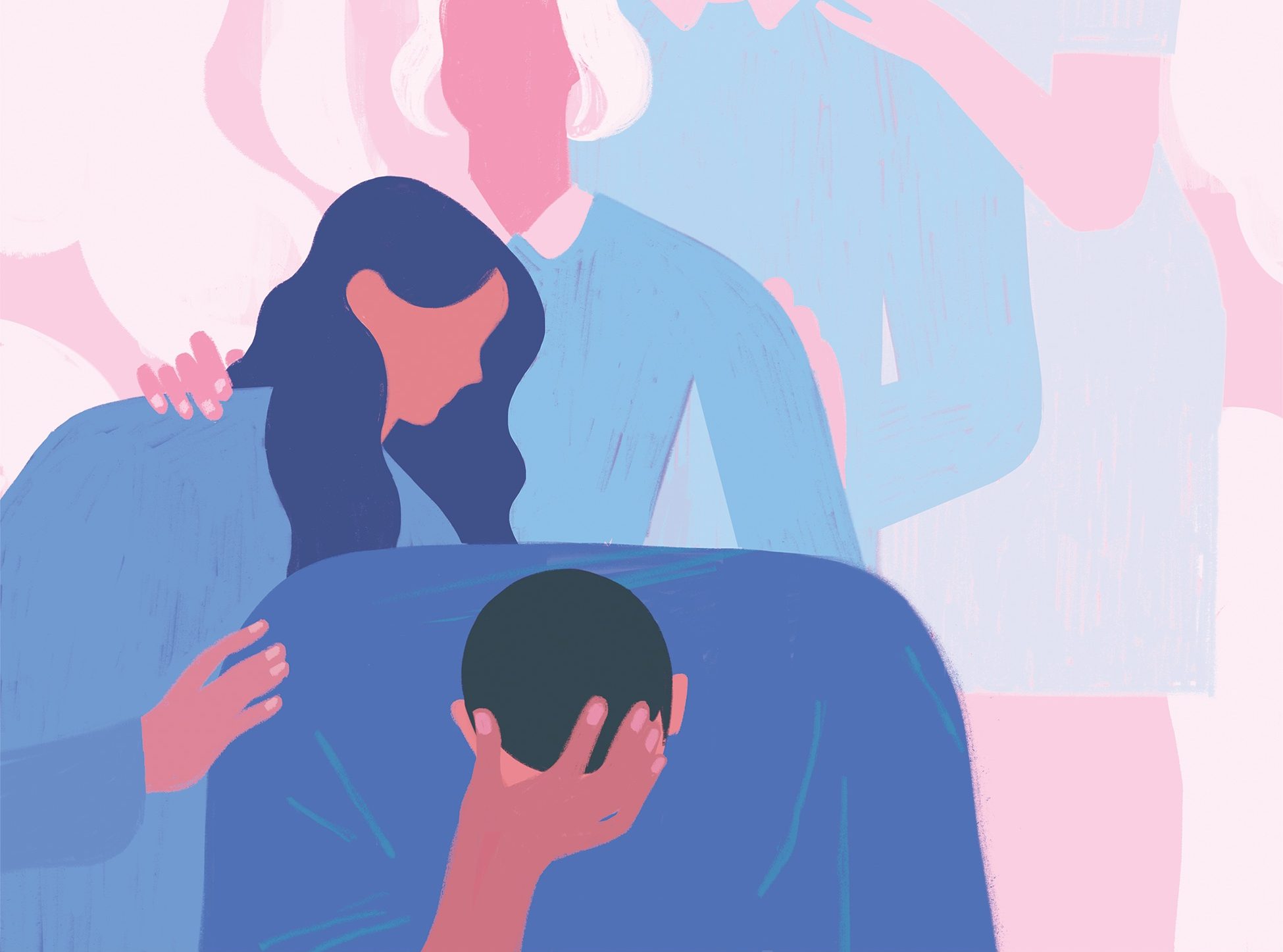 illustration of a struggling with a line of people behind them supporting them with wheri hands on their back