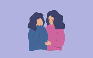 Illustration of two girls, one is comforting the other who is sad.