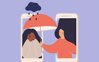 illustration of two girls, one is holding an umbrella over the other as to help her escape from the rain of her depression cloud