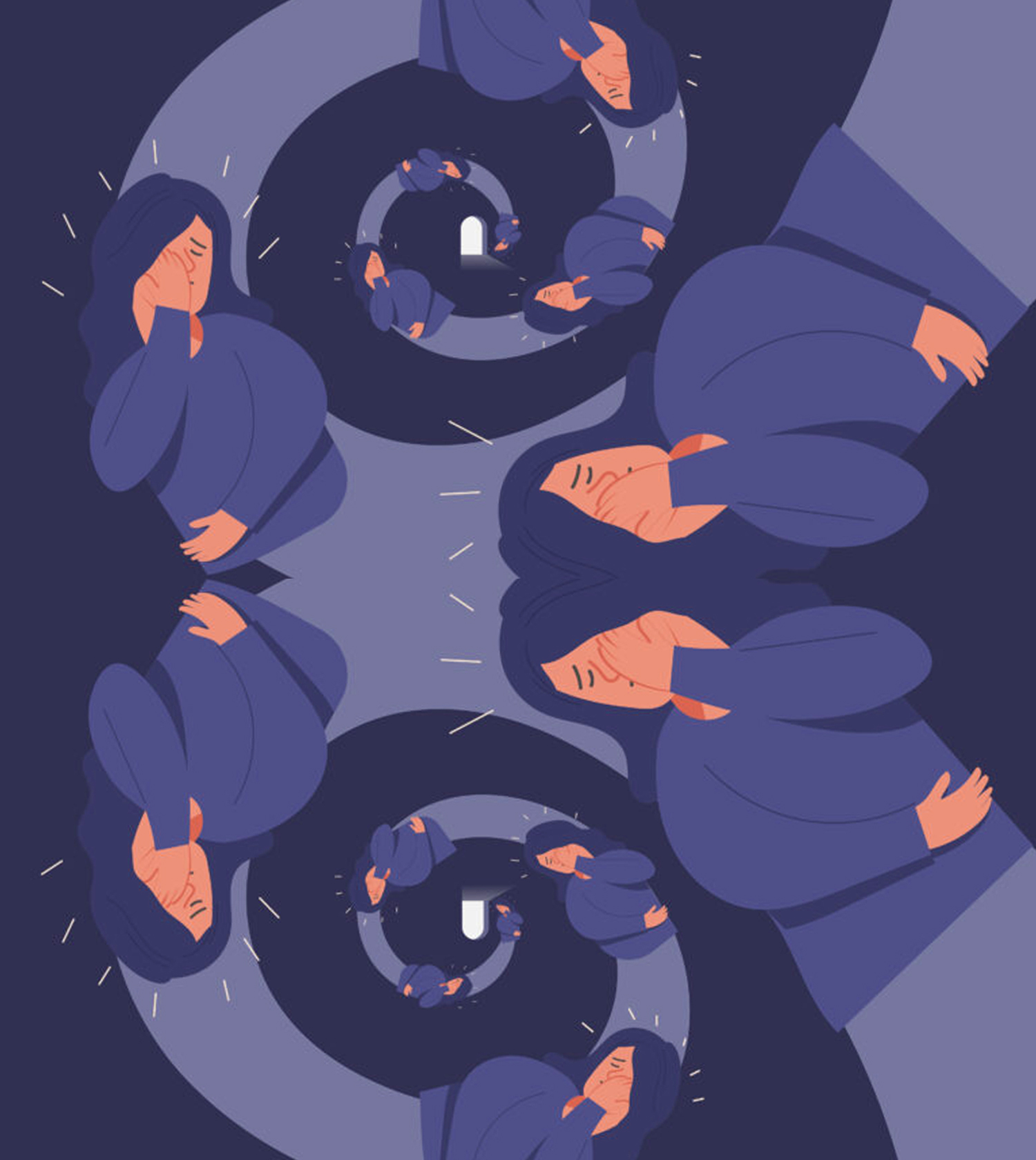 illustration with a troubled girl with multiple selves of herself in a spiral